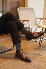 Premium Tan Leather Oxford Style Formal Office Slip On Brogue Chelsea Boots for Men