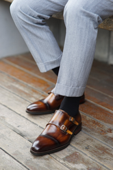 Elegant Brown Leather Double Monk Strap Dress Shoe with Cap Toe