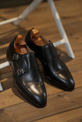 Elegant Black Leather Double Monk Strap Dress Shoe with Cap Toe