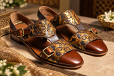 Italian Brown Leather Sandals | Luxury Italian Style Gold Embossed Floral Wedding Dress Sandals for Men