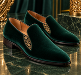 Italian Emerald Green Velvet Loafers | Luxury Embroidered Side-Accent Slip-On Wedding Dress Shoes for Men