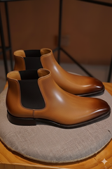 Men's Tan Patina Leather Chelsea Boots - Handcrafted Style