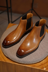 Men's Tan Patina Leather Chelsea Boots - Handcrafted Style
