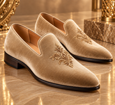 Italian Golden Velvet Loafers | Luxury Crest Embroidered Slip-On Wedding Dress Shoes for Men