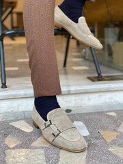 Beige Double Buckle Monk Shoes