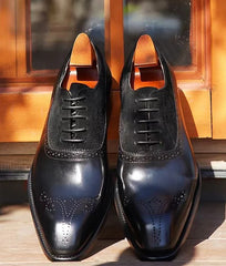 Black Suede & Black Leather Brogue Oxfords – Smart Casual Shoes