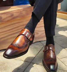Tan Leather Single Monk Strap Wingtips Oxford Formal Comfortable shoes For Men