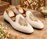 Italian Ivory Velvet Loafers | Luxury Italian Style Gold Crest Embroidered Wedding Dress Shoes for Men