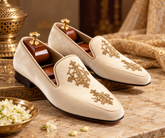 Italian Ivory Velvet Loafers | Luxury Italian Style Gold Crest Embroidered Wedding Dress Shoes for Men