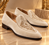 Italian Ivory Velvet Loafers | Luxury Gold Embroidered Slip-On Dress Wedding Shoes for Men