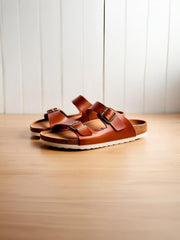 Men’s Leather Cork Sandals – Adjustable Buckle Slippers for Ultimate Comfort