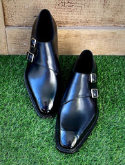 Luxurious Polished Black Leather Double Monk Strap Dress Shoes with Sleek Design