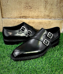 Elegant Black Leather Double Monk Strap Loafers with Polished Finish