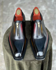 Stylish Black Leather Oxford Shoes with Front Zipper Design