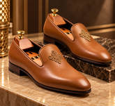 Italian Cognac Brown Leather Loafers | Luxury Italian Style Gold Crest Embroidered Wedding Dress Shoes for Men