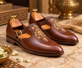 Italian Brown Leather Monk-Strap Shoes | Luxury Italian Style Gold Floral Embroidered Wedding Dress Shoes for Men