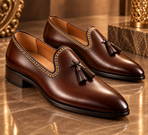 Italian Brown Leather Tassel Loafers | Luxury Embroidered Slip-On Dress Shoes for Men