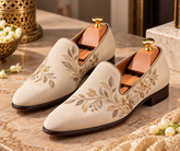 Italian Ivory Velvet Loafers | Luxury Italian Style Gold Floral Embroidered Wedding Dress Shoes for Men