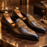 Italian Black Leather Loafers | Luxury Italian Style Gold Floral Embroidered Wedding Dress Shoes for Men