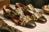 Italian Olive Green Leather Sandals | Luxury Italian Style Gold Embroidered Floral Wedding Dress Sandals for Men