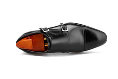 Elegant Black Leather Double Monk Strap Dress Shoe with Cap Toe