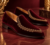 Italian Opulent Burgundy Velvet Loafers | Luxury Embroidered Slip-On Wedding Dress Shoes for Men