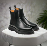 Men,s Premium Black Leather Casual Slip On Wholecut Chunky Chelsea Boots for Men