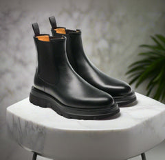 Men,s Premium Black Leather Casual Slip On Wholecut Chunky Chelsea Boots for Men