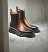 Men,s Premium Brown Leather Casual Slip On Wholecut Chunky Chelsea Boots for Men