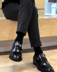 Black Leather Single Monk Strap Wingtips Oxford Formal Full-Grain Leather Shoes For Men