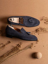 Navy Blue Suede Leather Windsor Tassel Loafers – Handcrafted Luxury Slip-On Dress Shoes