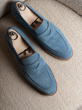 Blue Suede Leather Monaco Penny Loafers – Handcrafted Luxury Slip-On Dress Shoes