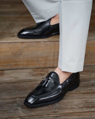 Handmade Black Leather Tassel Loafers – Elegant Dress Shoes for Men