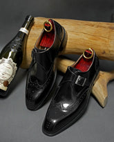 Black Leather Single Monk Strap Wingtips Oxford Formal Full-Grain Leather Shoes For Men