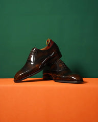Rich Brown Patina Faux Leather Balmoral Toe Cap Oxfords