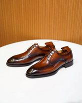 Elegant Tan Leather Wingtip Oxford Shoes For Mens