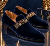 Italian Royal Blue Velvet Loafers | Luxury Embroidered Strap Slip-On Wedding Dress Shoes for Men