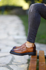 Tan Double Buckle Monk Shoes
