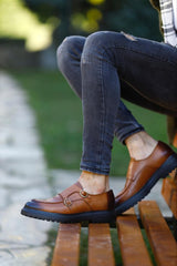 Tan Double Buckle Monk Shoes
