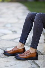 Tan Double Buckle Monk Shoes