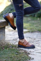 Tan Double Buckle Monk Shoes