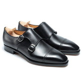 Black Leather Brogue Double Monk Strap Shoes for Men – Handmade Luxury Footwear