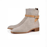 Men's Taupe Suede Ankle Boots with Tan Leather Strap – Modern Chelsea Style