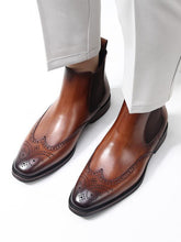 Handcrafted Brown Leather Chelsea Boots with Brogue Detailing
