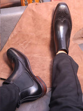Handcrafted Black Leather Chelsea Boots with Brogue Detailing