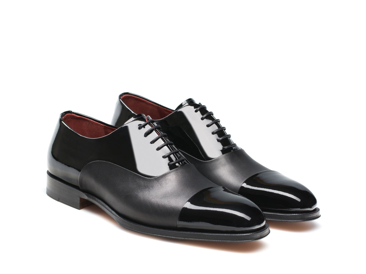 Black Leather Matteo Cap Toe Lace-Up Derby Shoes With Patent Finish & Premium Formal Sole