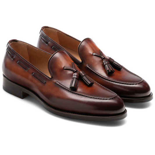 Handcrafted Cognac Leather Tassel Loafers with Polished Finish and Classic Detailing for Sophisticated Style