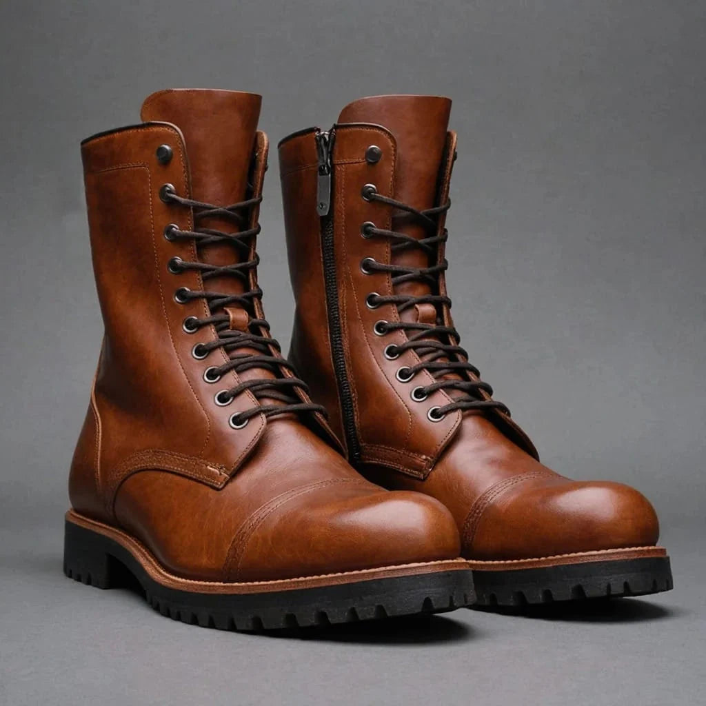Tan Leather Matteo Lace-Up Chunky Derby Boots With Side Zipper & Track Sole – Hiking & Trekking Boots
