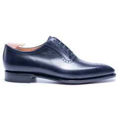 Leonardo Prime: Sleek Navy Leather Wholecut Brogue Detailing Oxford Formal Shoes