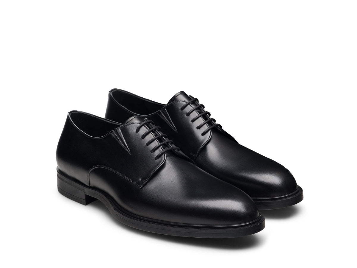 Black Leather Adrian Plain Toe Lace-Up Derby Shoes